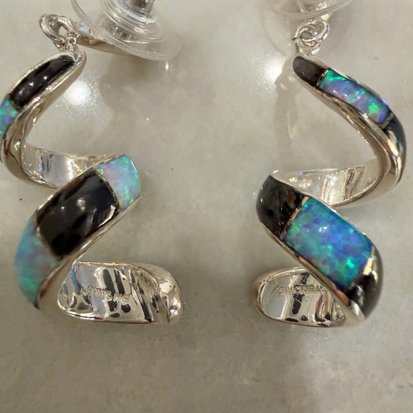 Elegant Sterling Silver with Opal and Black Lapis Swirl Earrings - Picture 3 of 4